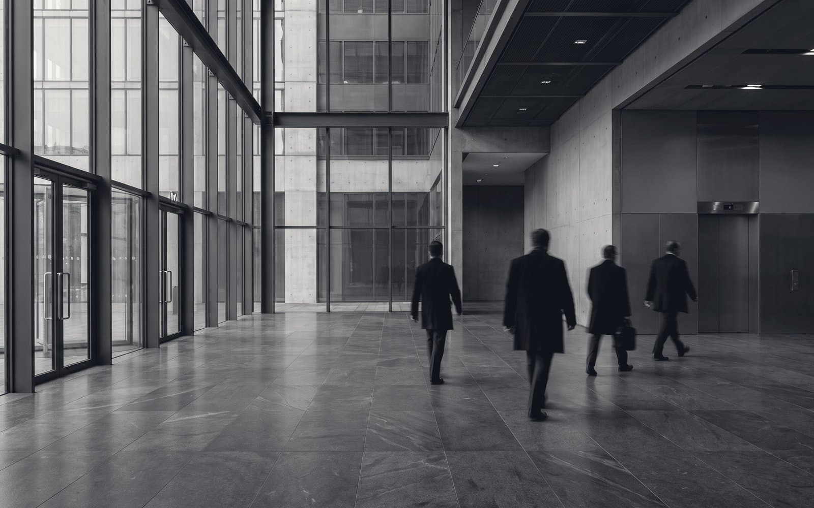 Figures crossing an office lobby at mid distance, seen against the glass.