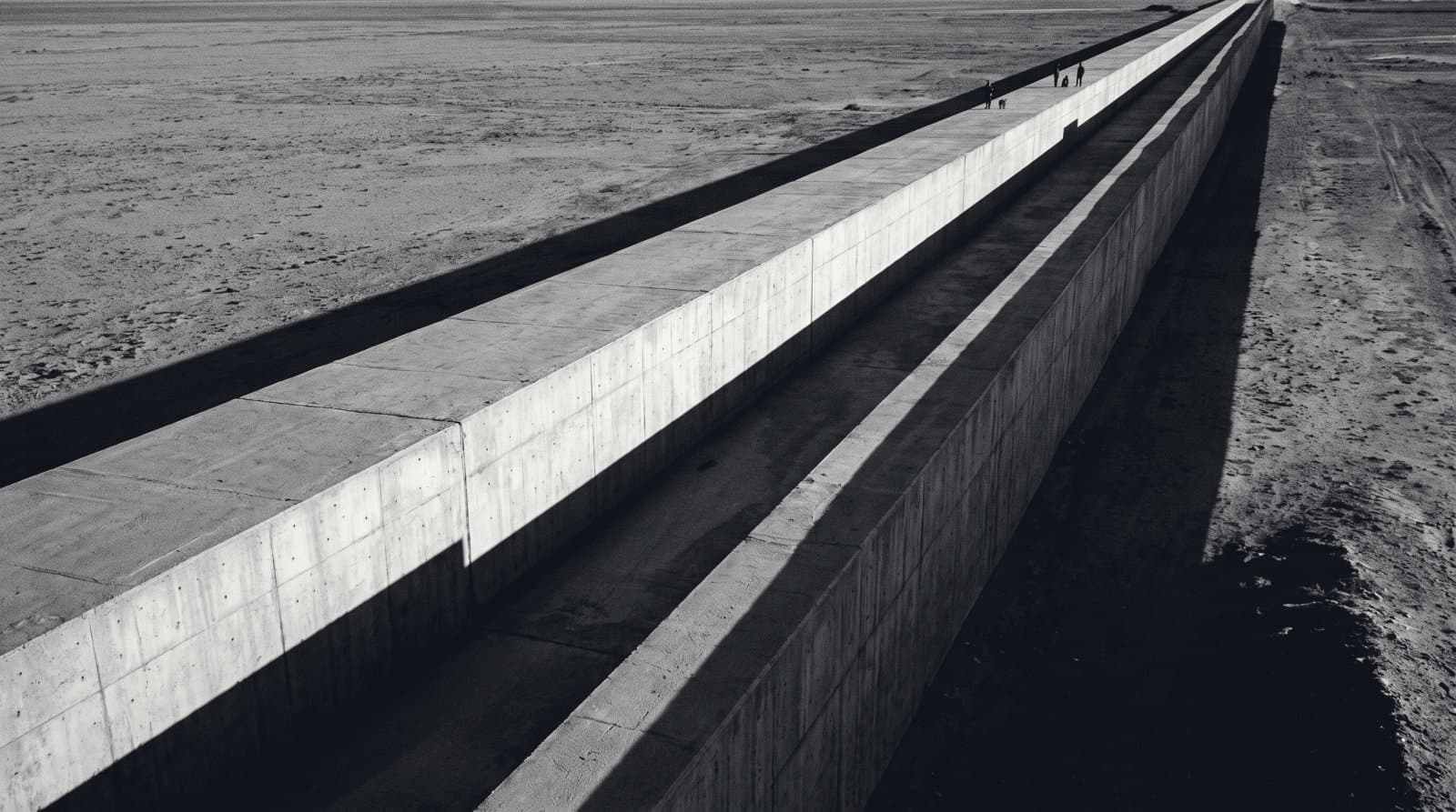 A long concrete aqueduct channel running away across open ground.