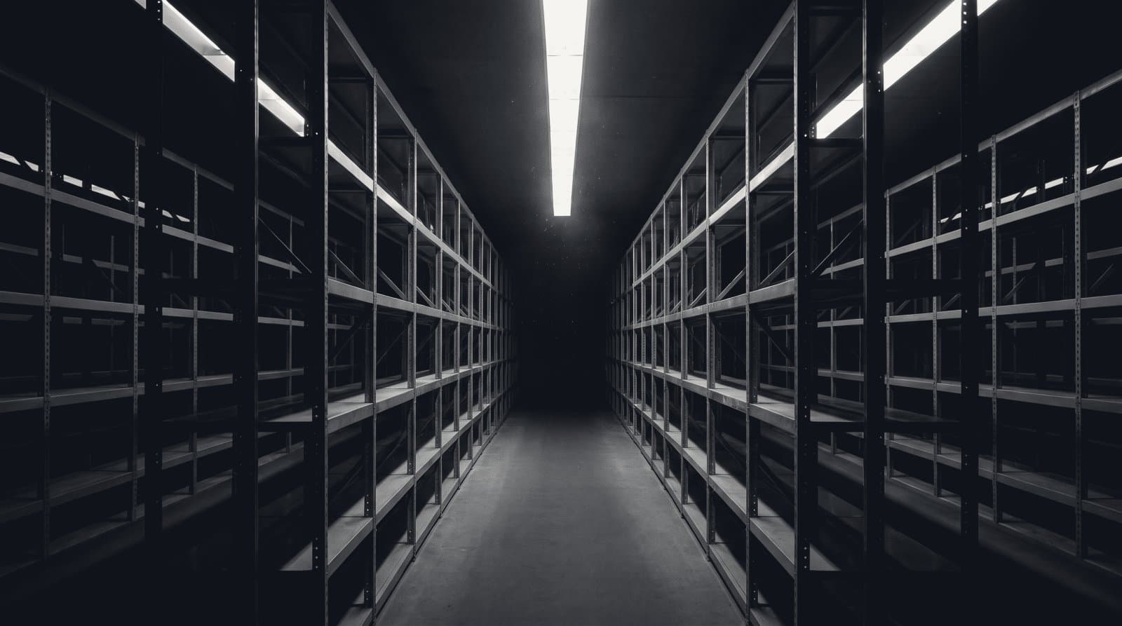 A vast archive hall of identical steel shelving racks, aisles running into darkness.