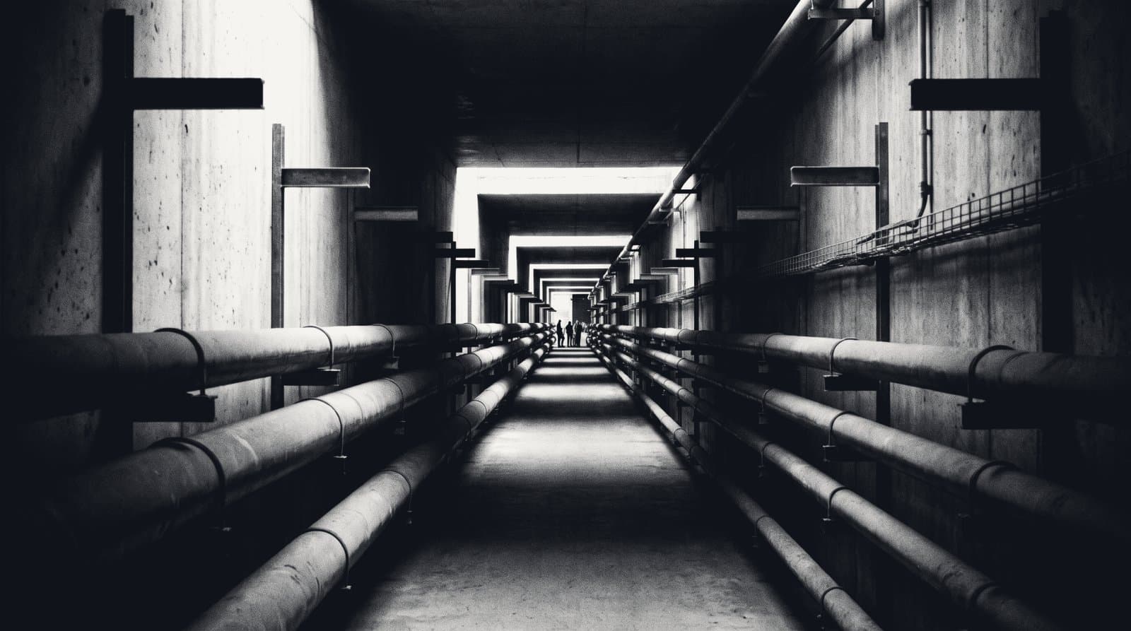 A long concrete service conduit narrowing toward a distant lit opening, parallel pipe runs receding along both walls.