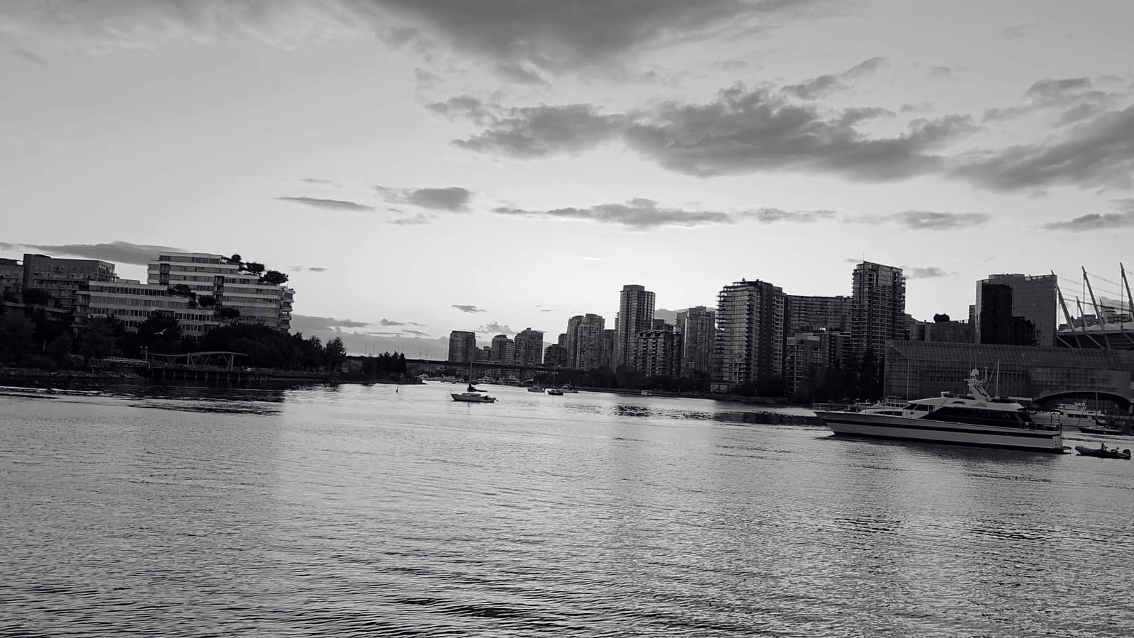 False Creek at sunset, the light briefly gold on the water.