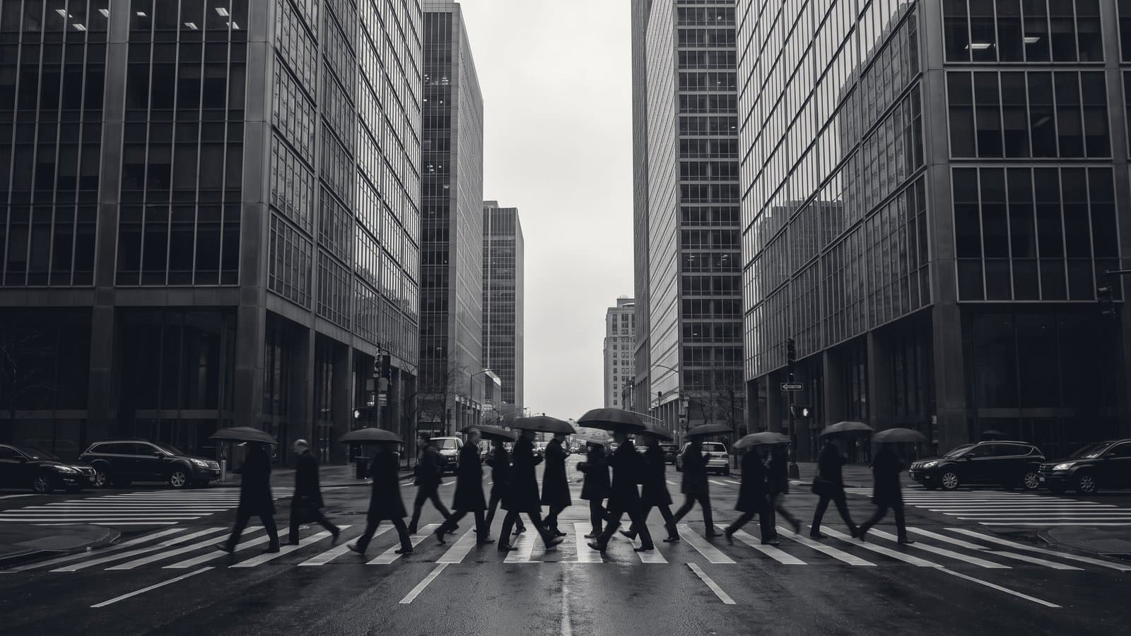 A crowd crossing a wet street between financial-district towers.
