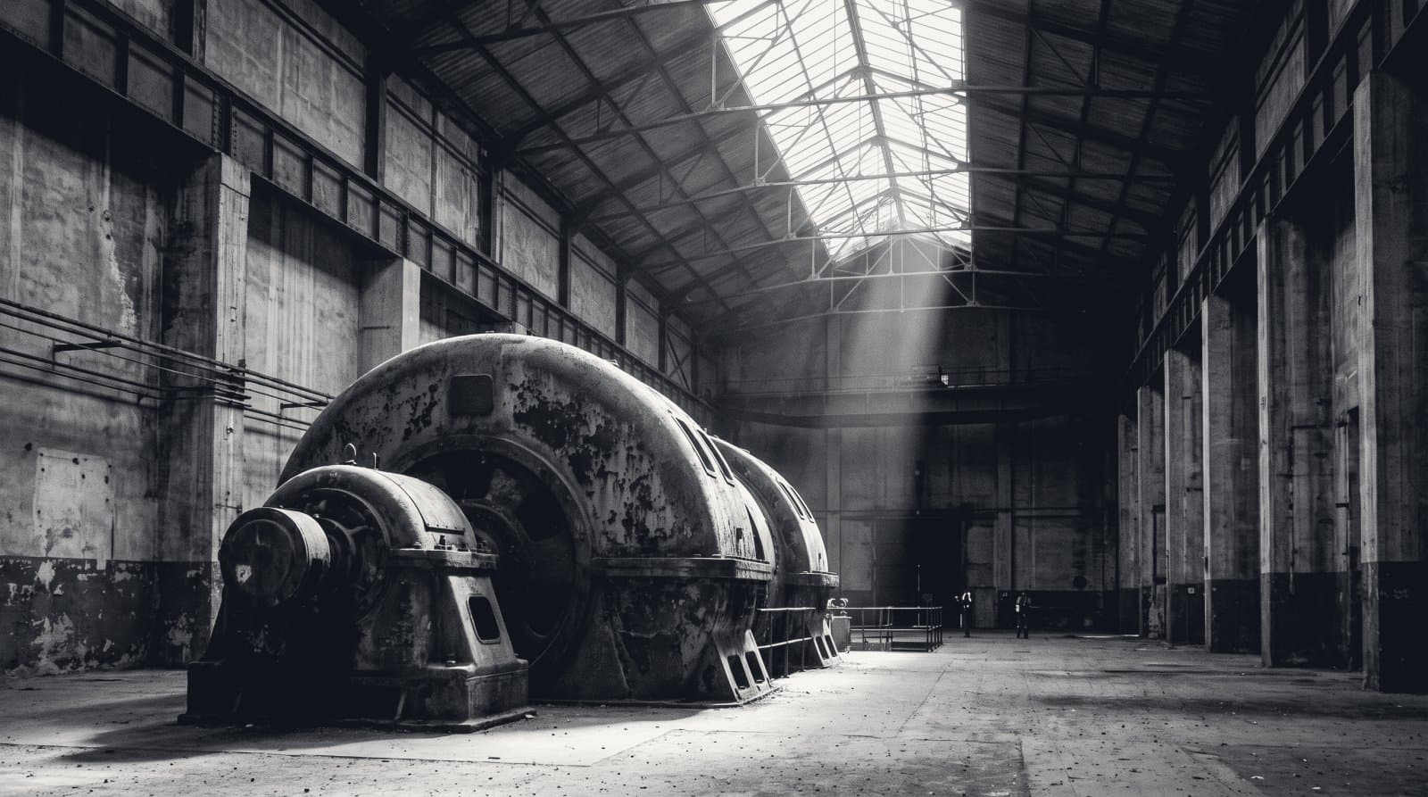 The interior of a disused turbine hall, a single machine casing standing under a high roof.