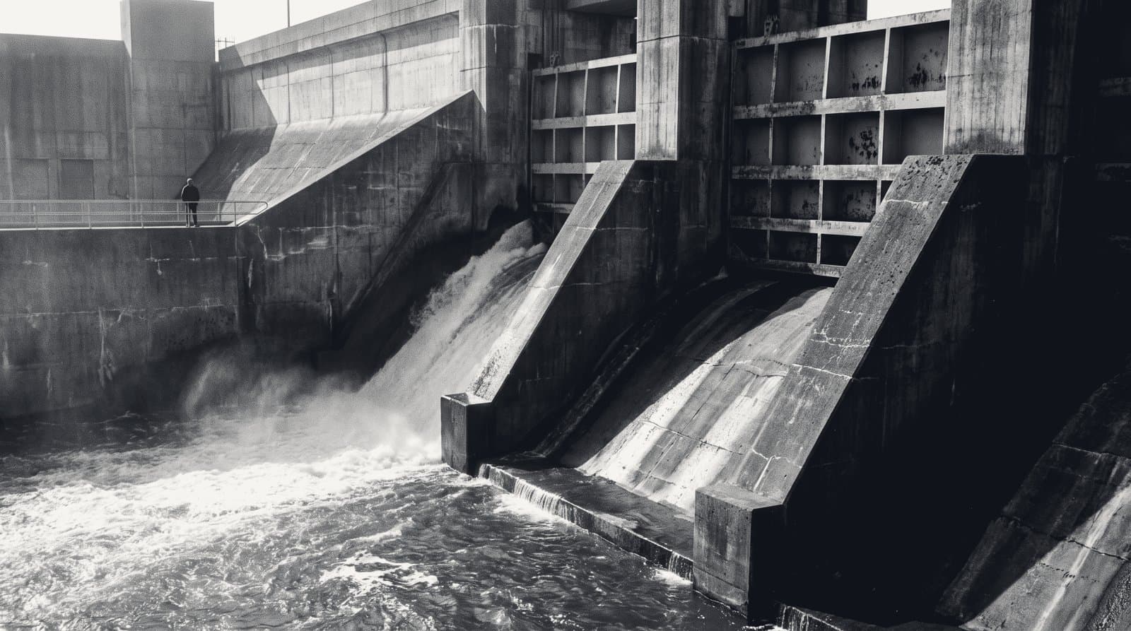 A dam spillway with sluice gates partially raised and water running beneath them down a stepped concrete chute.