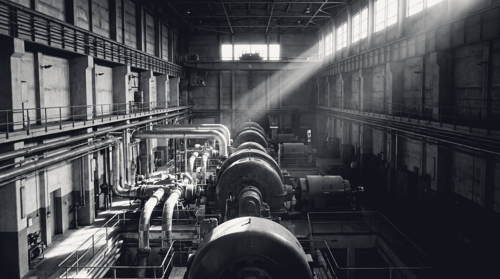 The interior of a vast machine hall with turbines and gantry rails, entirely unattended.