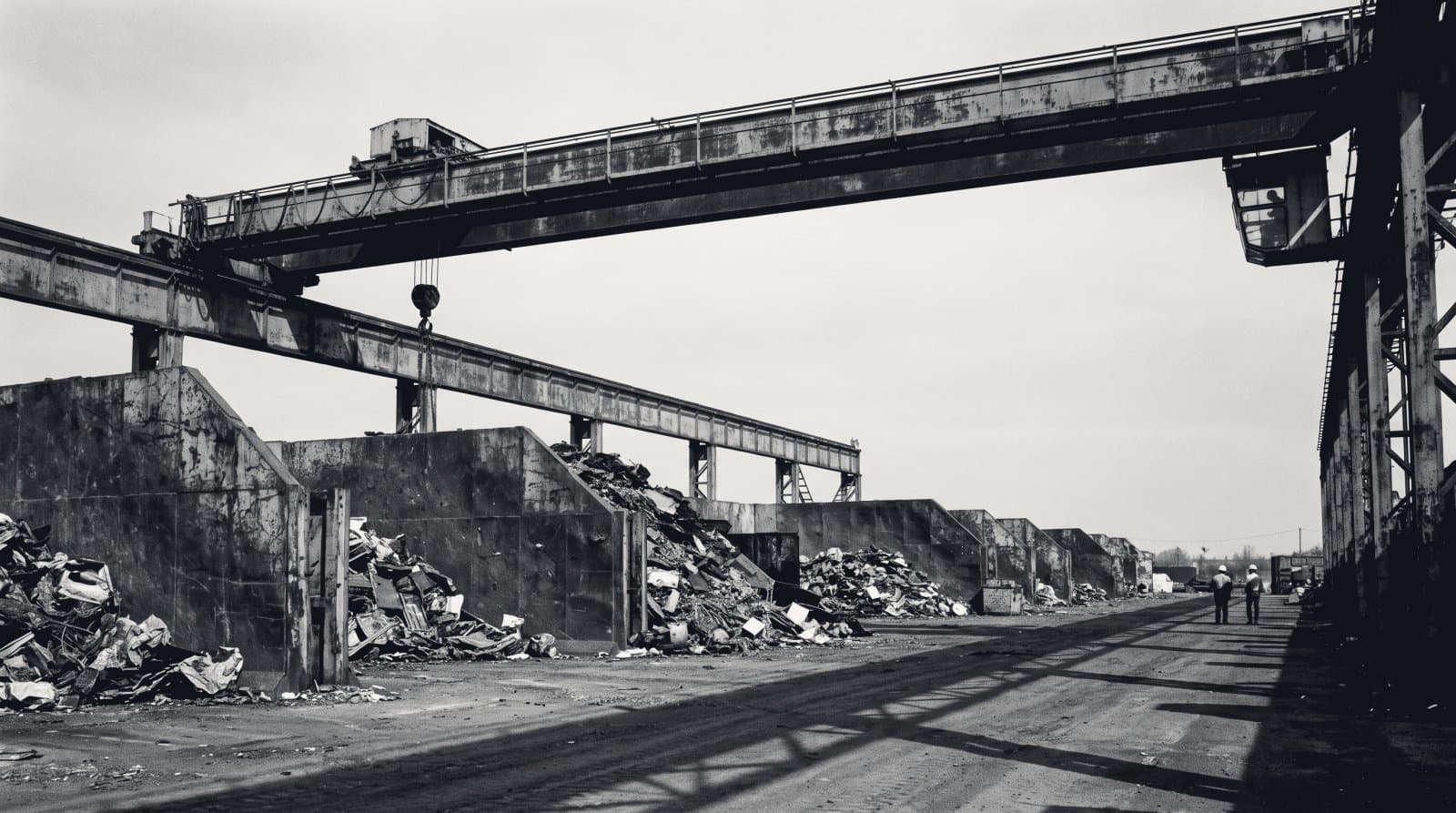 The steel gantry and sorting bays of a heavy scrap and recycling yard, rusted structure against a pale sky.