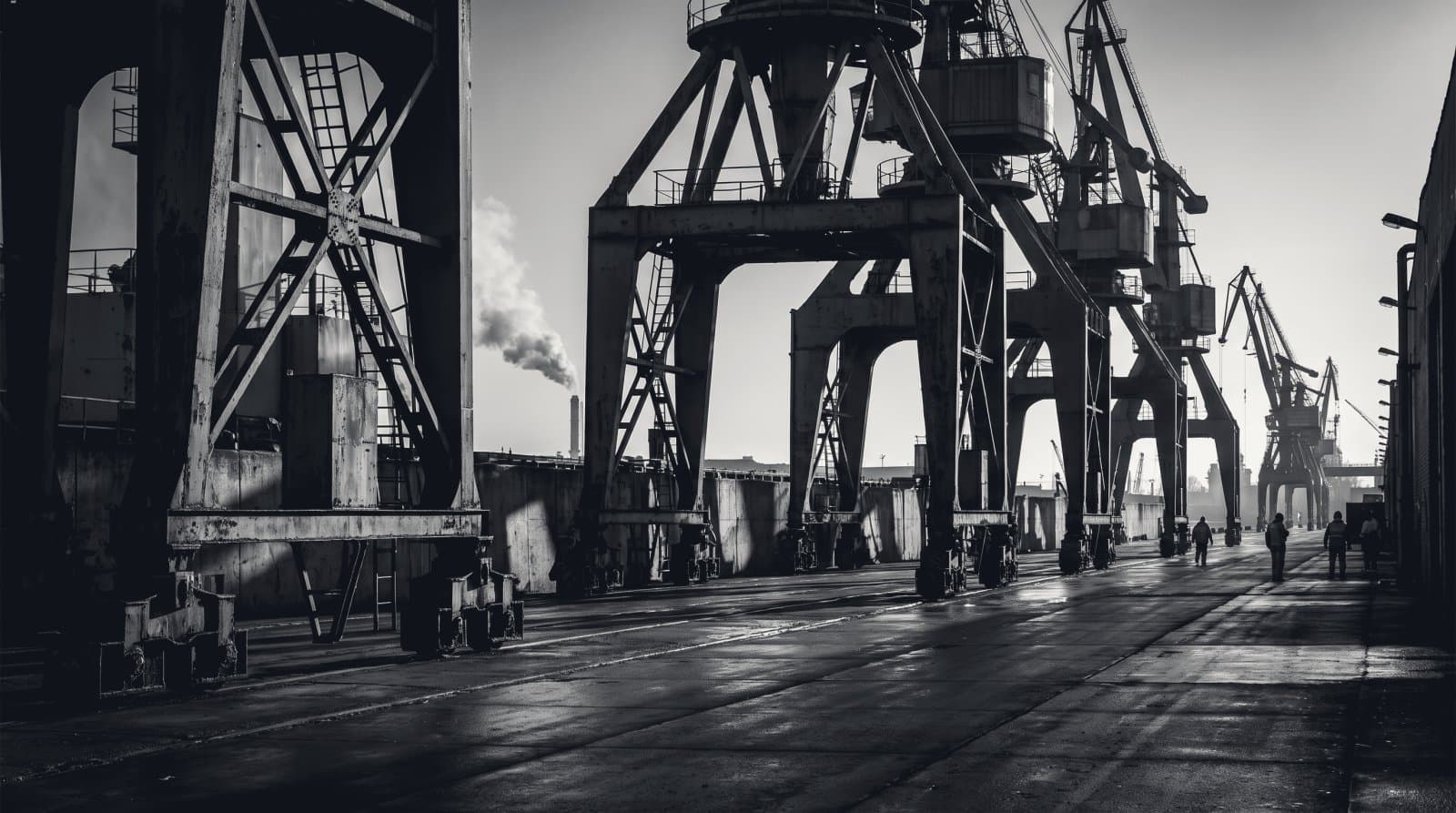 A line of harbour gantry cranes of increasing size along a quay.