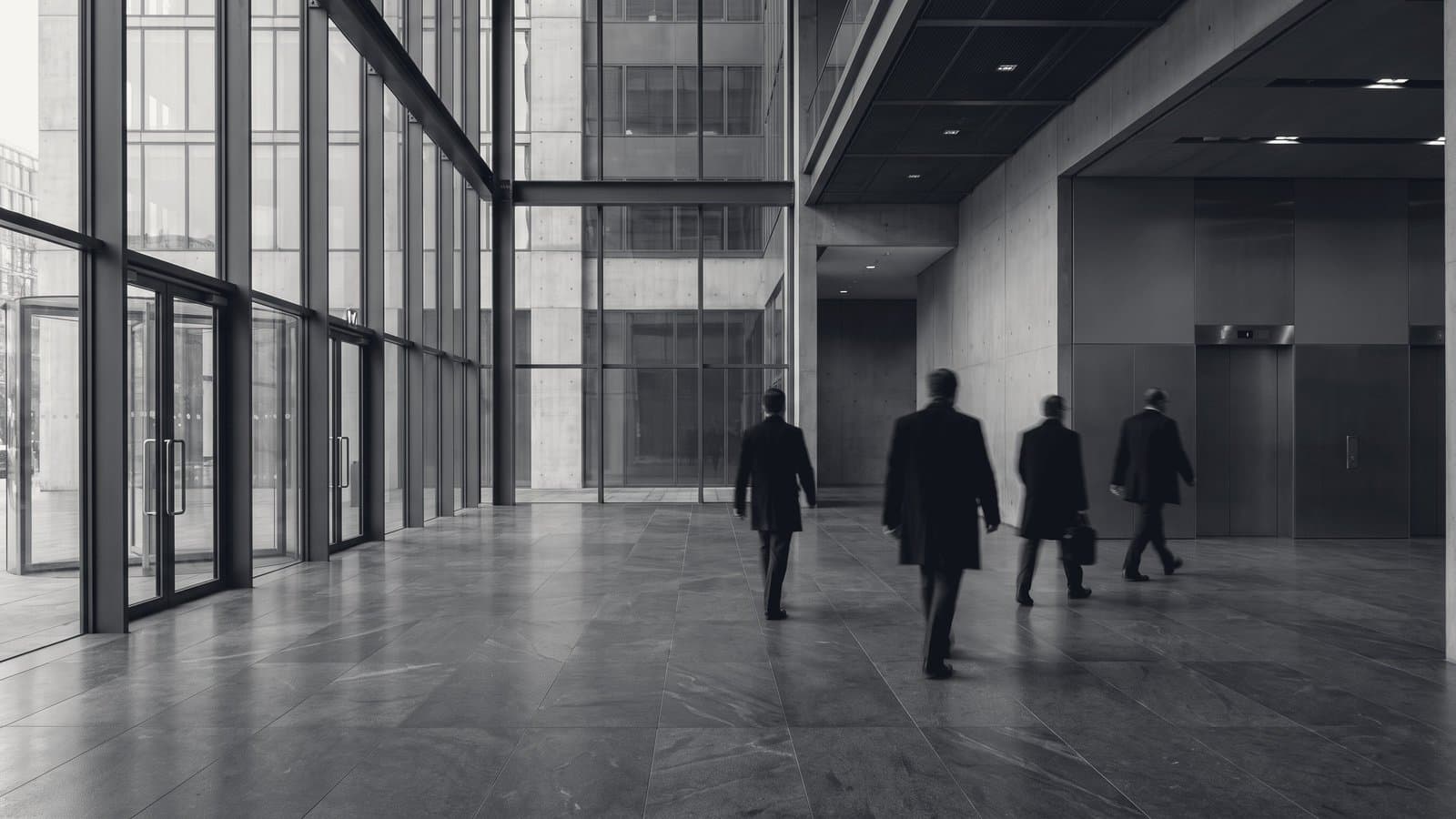 A handful of figures crossing an otherwise empty office lobby.