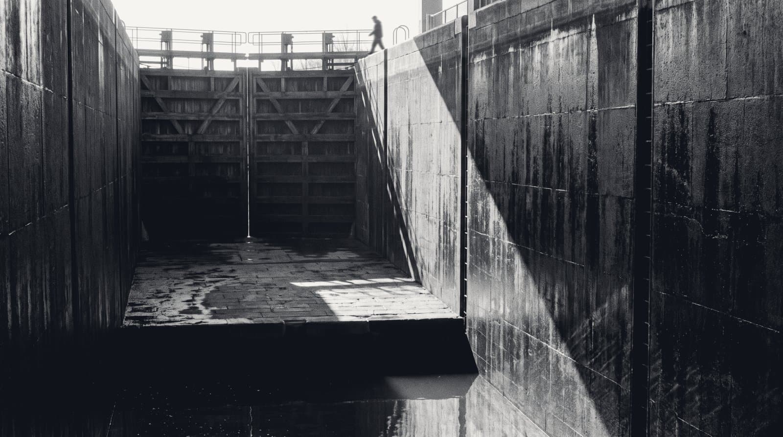 A canal lock chamber with its gates closed, staged water levels against tall wet concrete walls.