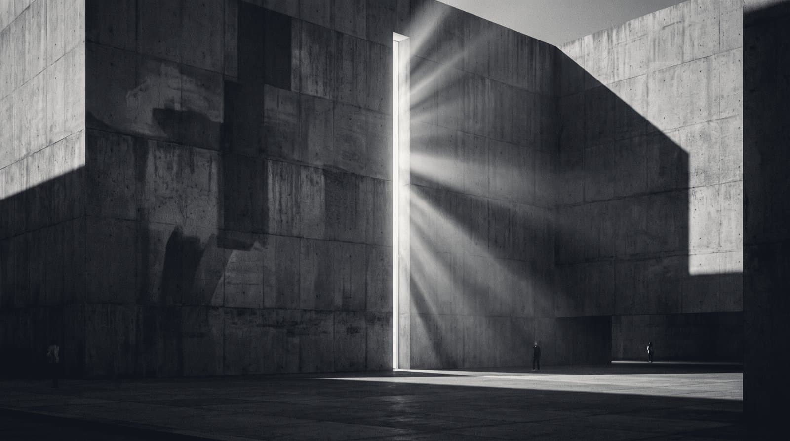 A monumental blank concrete wall pierced by a single tall narrow slot of light, with distant figures dwarfed at its base, in raking monochrome light.