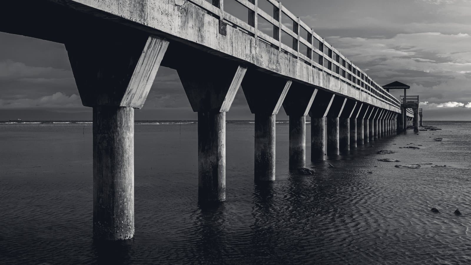A concrete pier carried on a run of round piles across shallow water at low tide, the water line standing well down each pile, under a low sky.