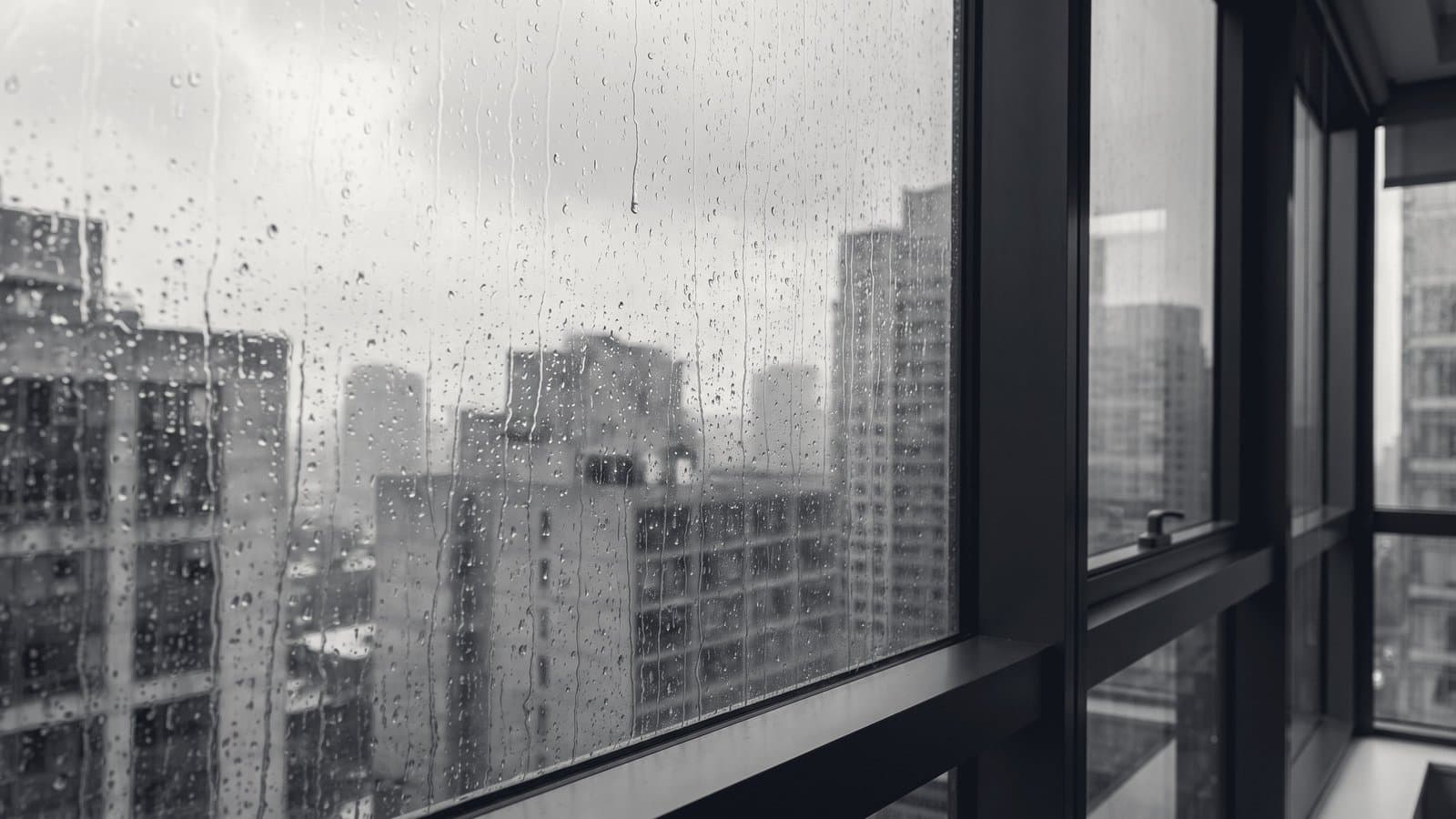 Rain running down an office window above a monochrome city skyline.