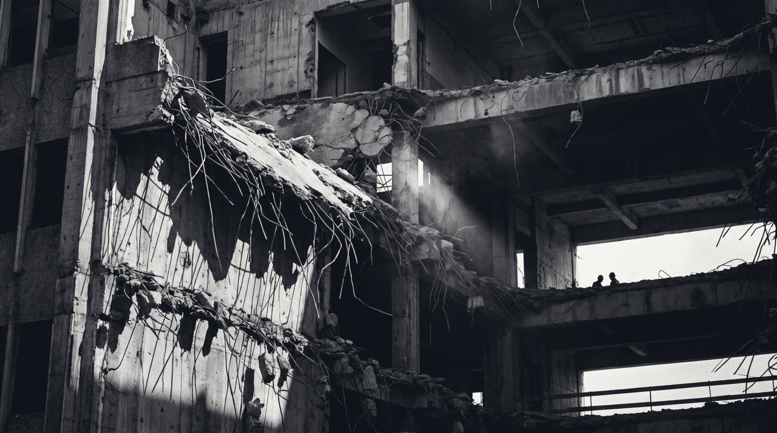 A partially demolished concrete structure with exposed reinforcing bar and a sheared floor slab.