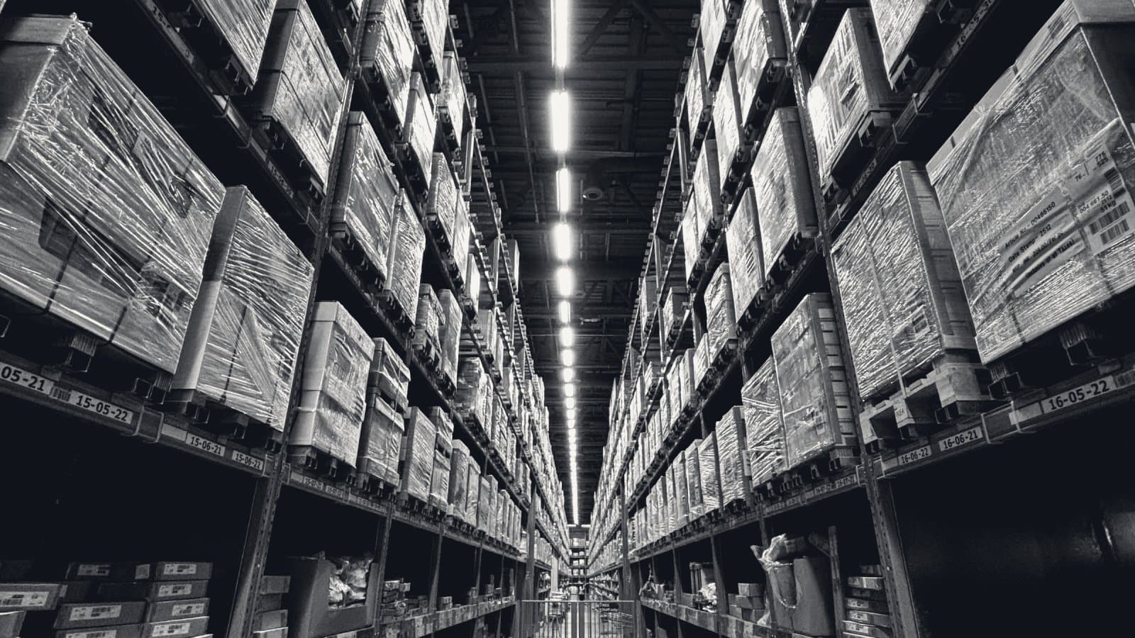 A warehouse aisle of shrink-wrapped, dated pallets stacked on steel racking, receding to a vanishing point under a single line of strip lights.