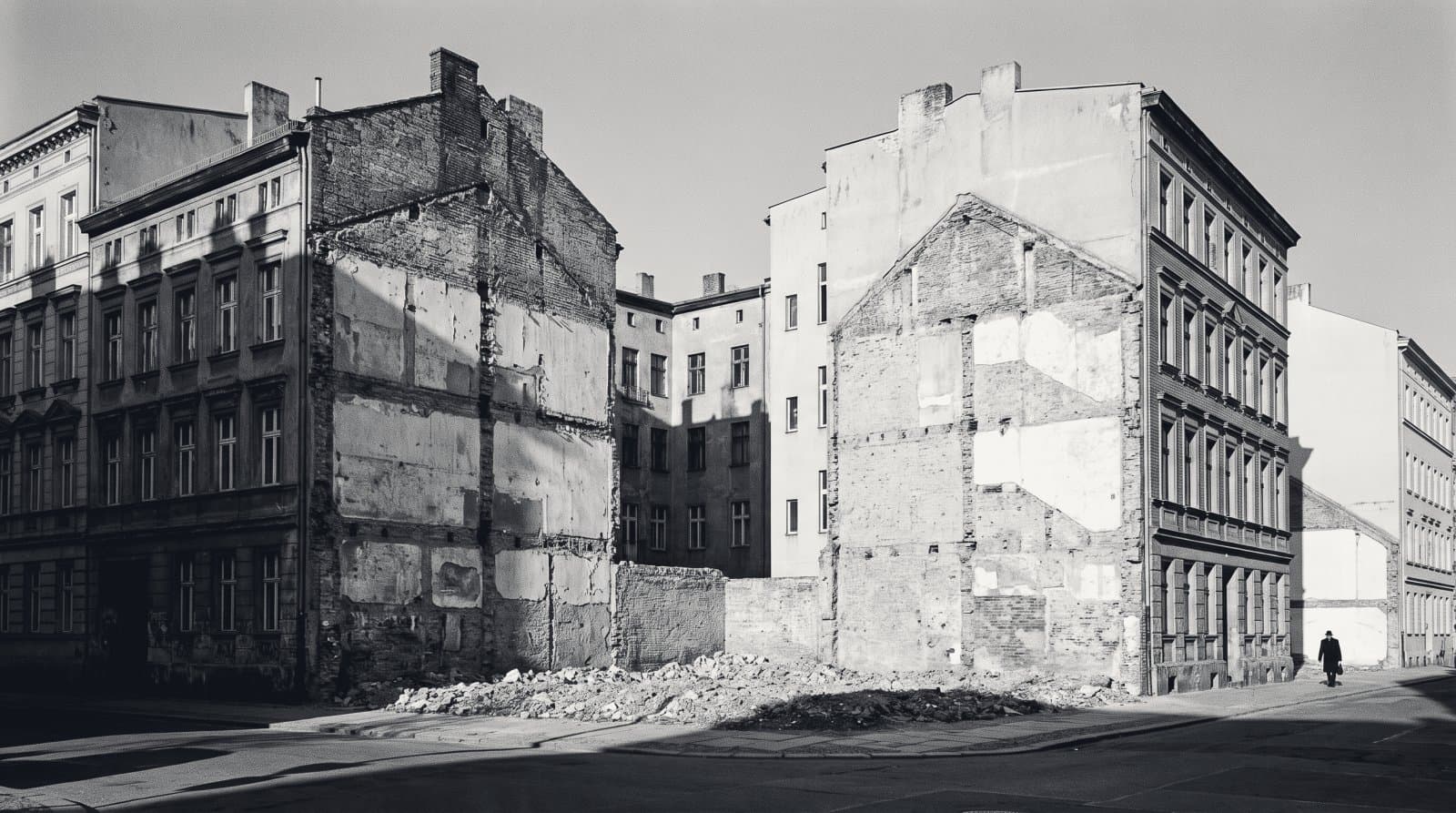 A terrace of buildings with the middle one demolished, leaving an empty lot and two exposed party walls.