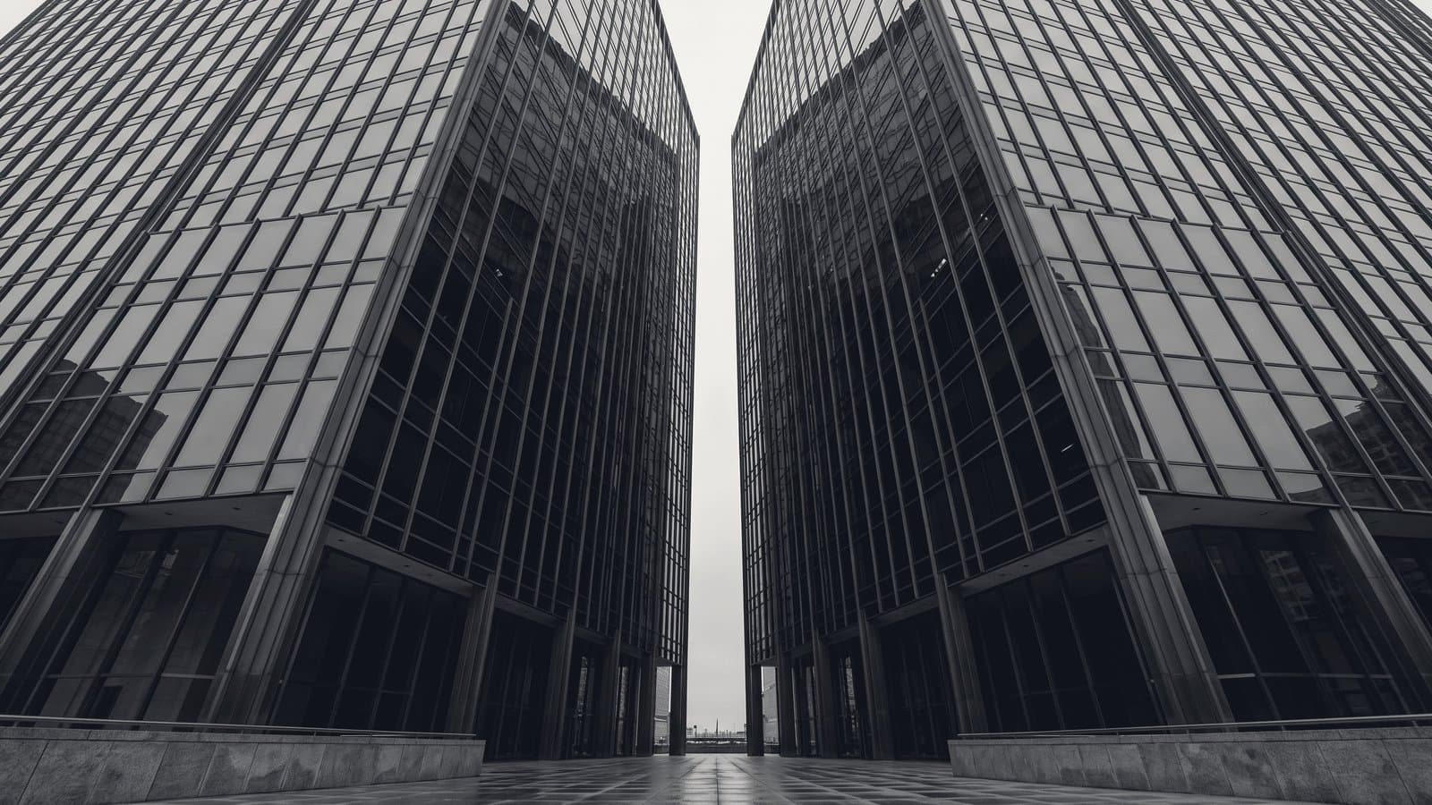 Two towers seen from street level, converging toward an overcast sky.