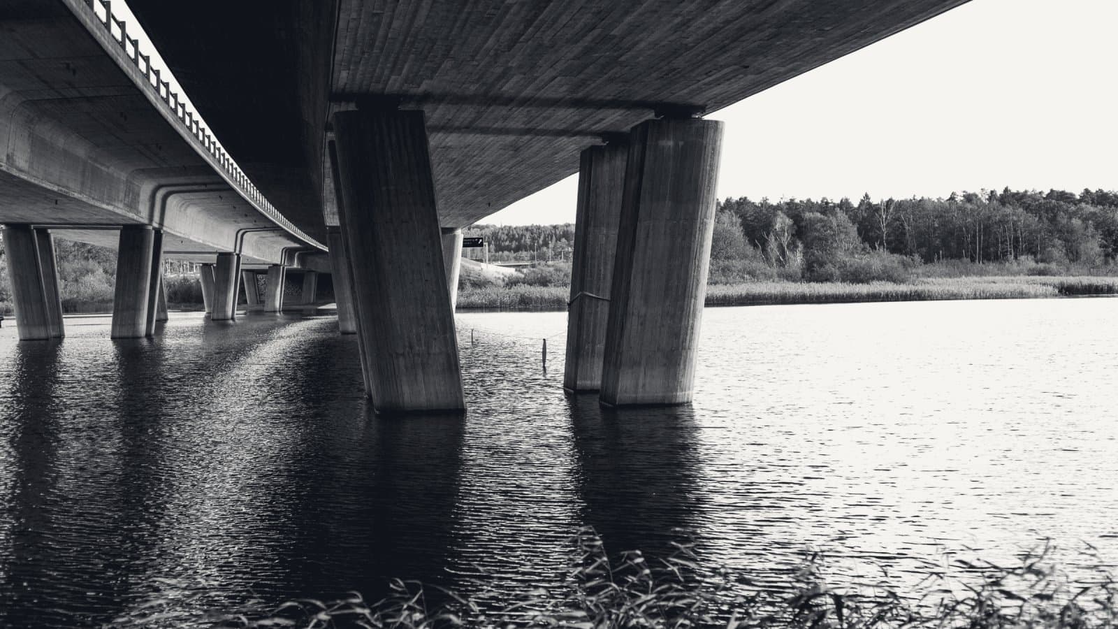 The concrete underside of a highway bridge, its piers standing in still water with their bases below the waterline and a line of further piers receding along the shore.