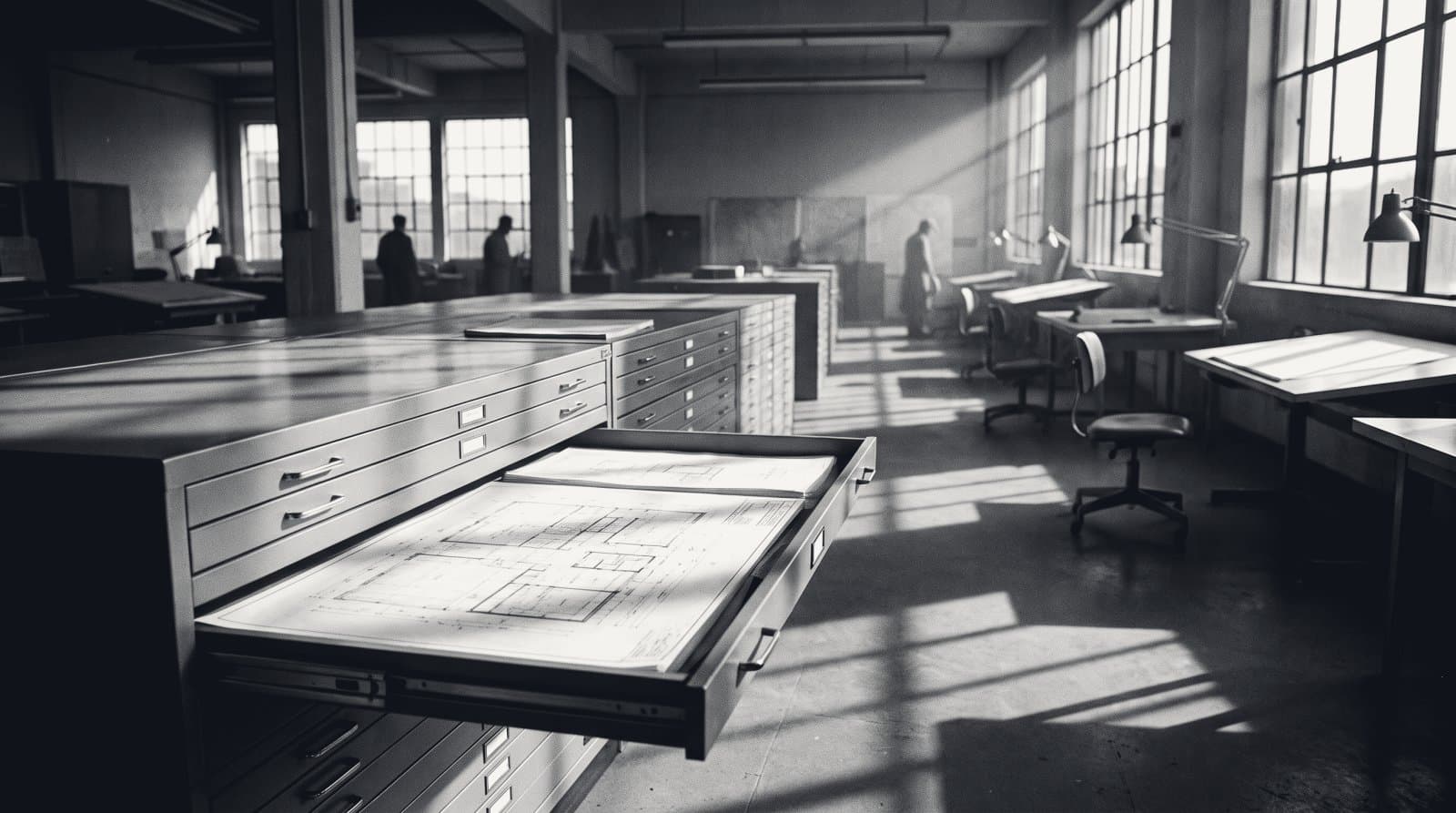 A wide flat-file plan cabinet in an empty drawing office, one long shallow drawer pulled open.